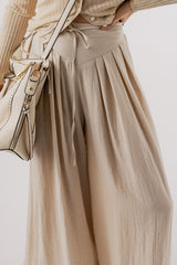 Beige Casual Lace-up Waist Pleated Wide Leg Pants