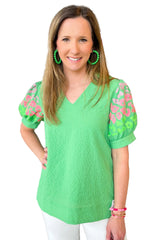 Green Leopard Embroidered Sleeve Textured Blouse