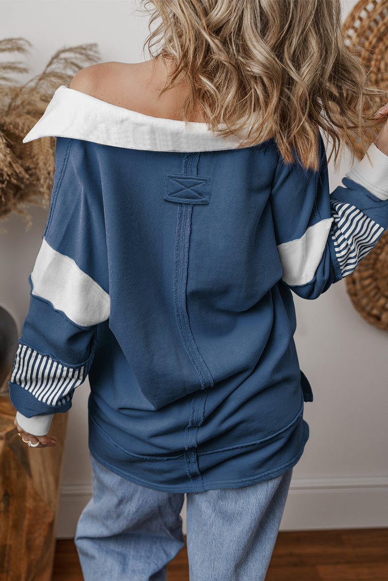 Dark Blue Striped Patchwork Collar Sweatshirt