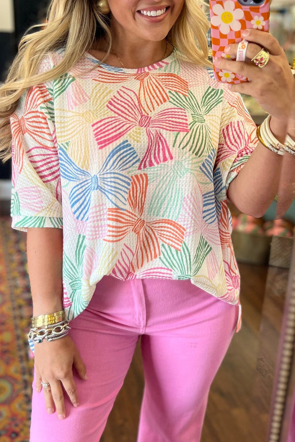 Multicolour Bowknot Print Waffle Loose Tee