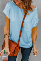 Light Blue Solid Color Short Sleeve Basic T Shirt with Patch Pocket