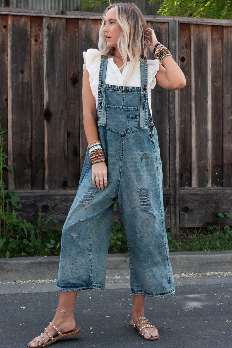 Black Distressed Bib Pocket Wide Leg Denim Overall