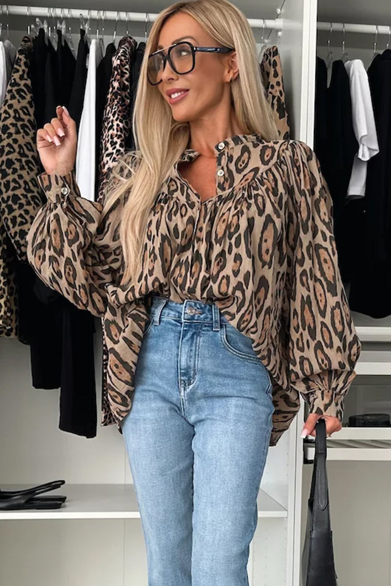 Light Beige Leopard Print Balloon Sleeve Loose Blouse