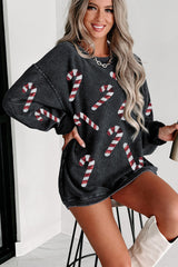 Black Xmas Candy Cane Shining Graphic Corded Sweatshirt