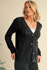 Black Hollow Knit Drop Shoulder Cardigan