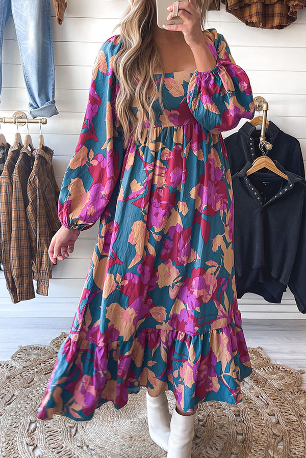 Multicolor Boho Floral Print Square Neck Ruffle Maxit Dress