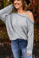 Gray Loose Fit Long Sleeve One Shoulder Top