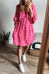 Pink V Neck 3/4 Puff Sleeve Leopard Print Dress