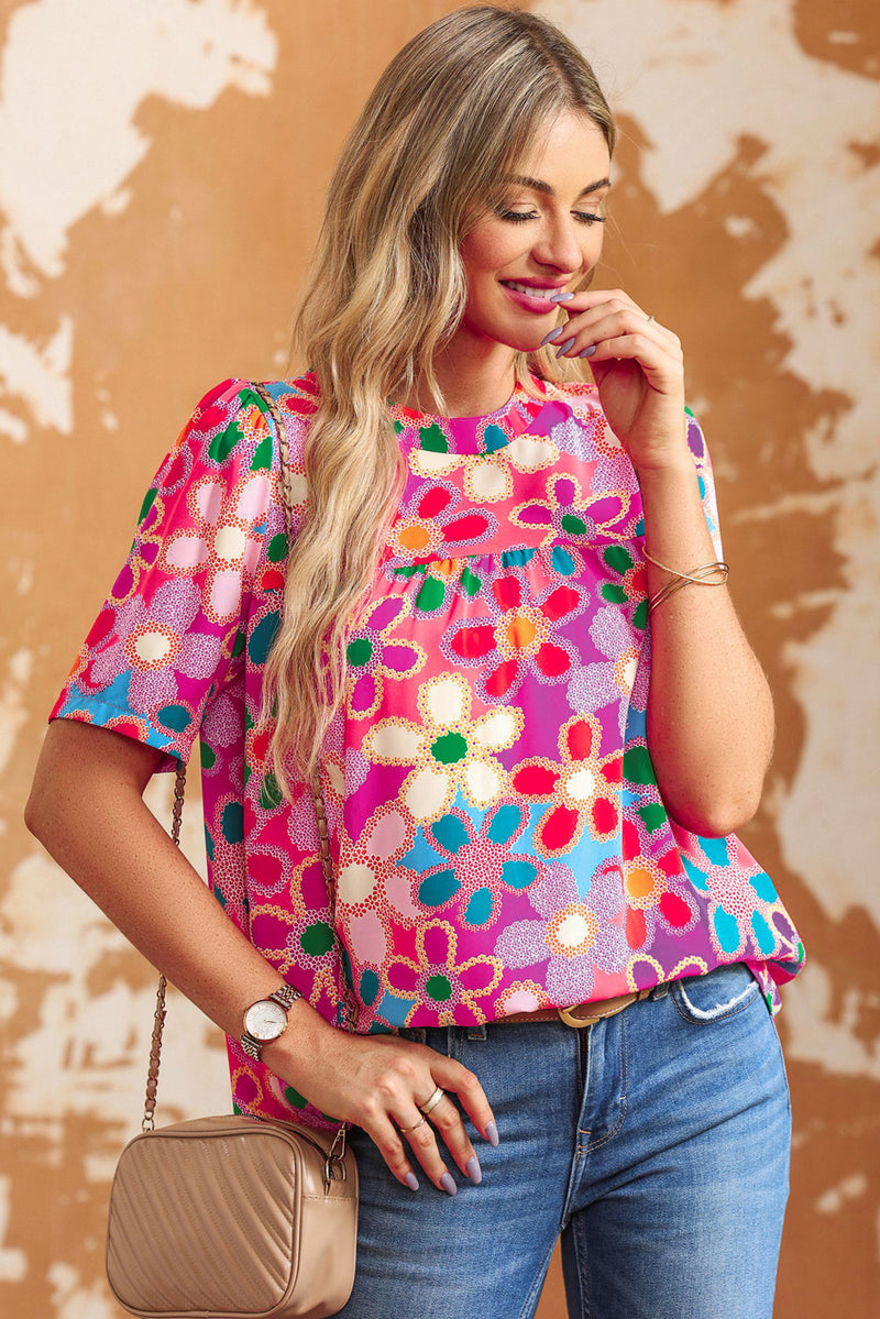 Purple Floral Print Crew Neck Short Sleeve Blouse