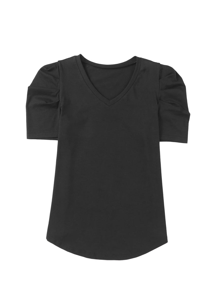 Green Solid Puff Sleeve Casual V Neck T-Shirt