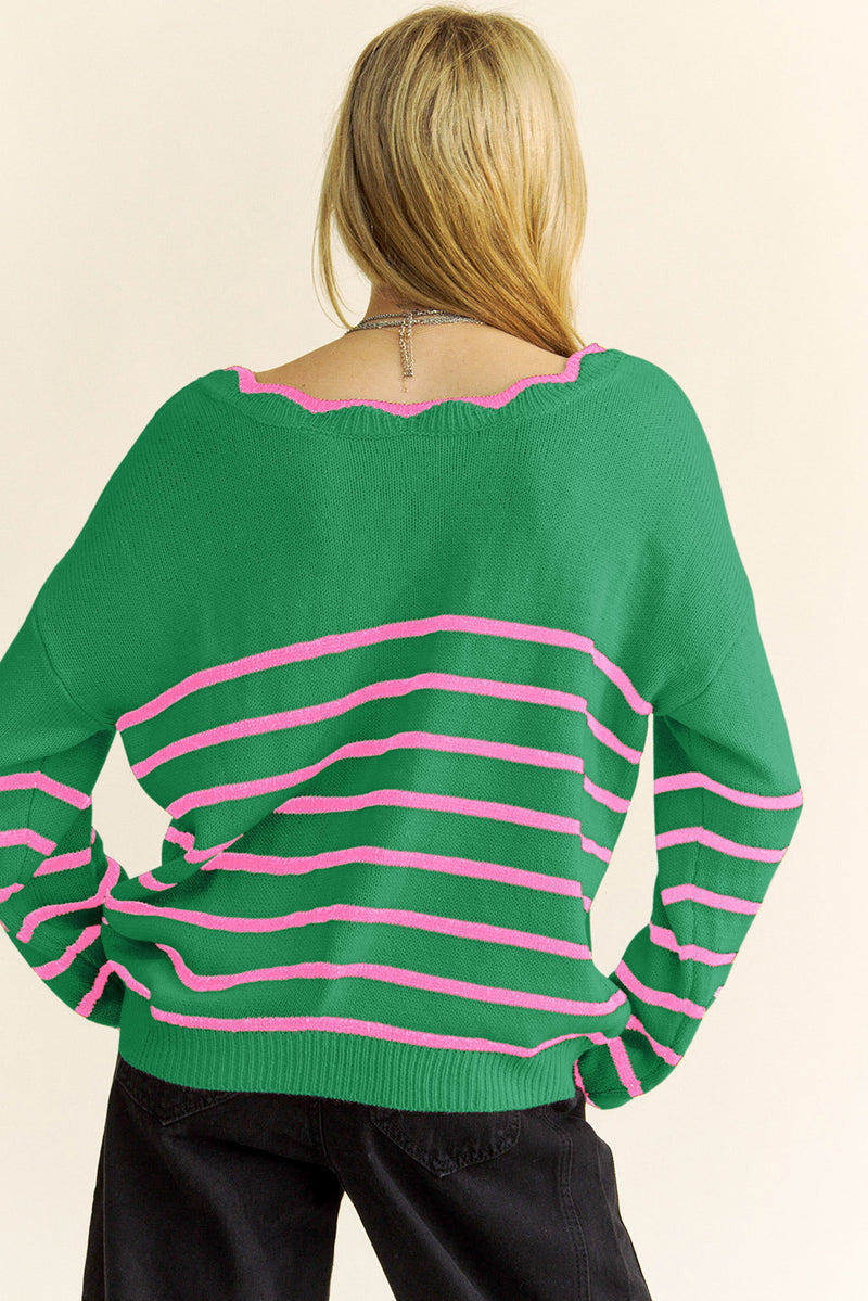 Green Stripe Sweet Bow Front Long Sleeve Cardigan