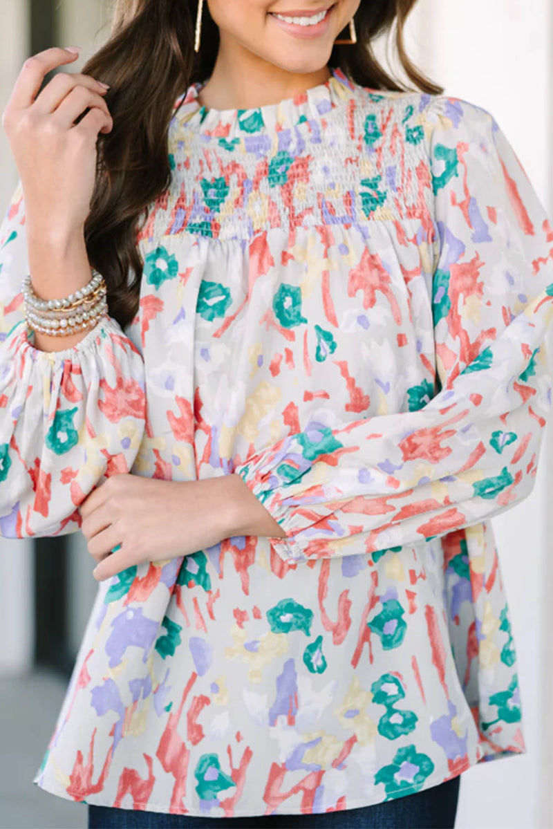 Multicolor Abstract Print Smocked Long Sleeve Blouse