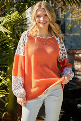 Orange Casual Waffle Leopard Patchwork Sleeve Knit Top