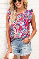 Rosy Boho Abstract Print Ruffle Babydoll Sleeveless Shirt