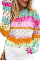 Rose Red Colorblock Striped Hollow Knitted Top