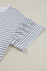 White Stripe Ruffle Short Sleeve T Shirt Mini Dress