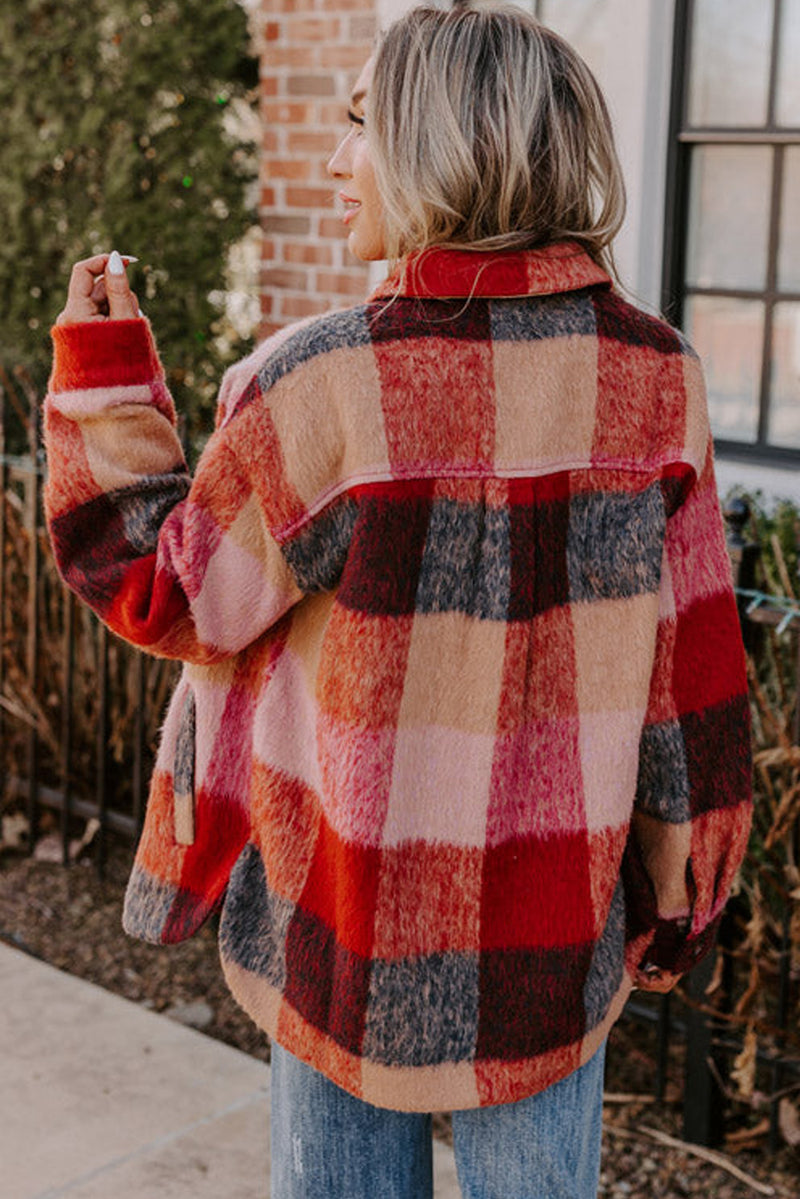 Orange Plaid Print Flap Pockets Buttoned Plus Size Jacket