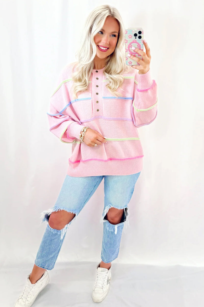 Pink Rainbow Striped Drop Sleeve Henley Sweater