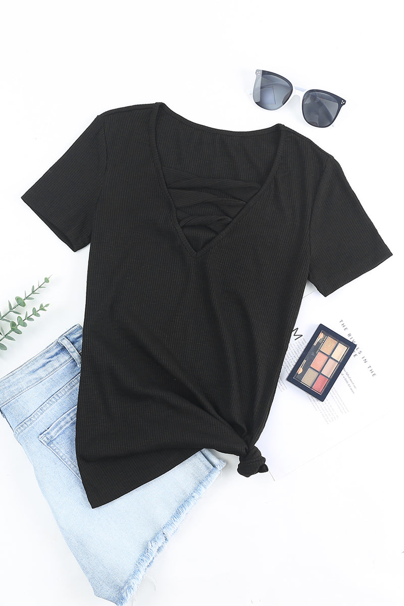 Black Cut Out Twist Casual Rib-Knit T Shirt for Women