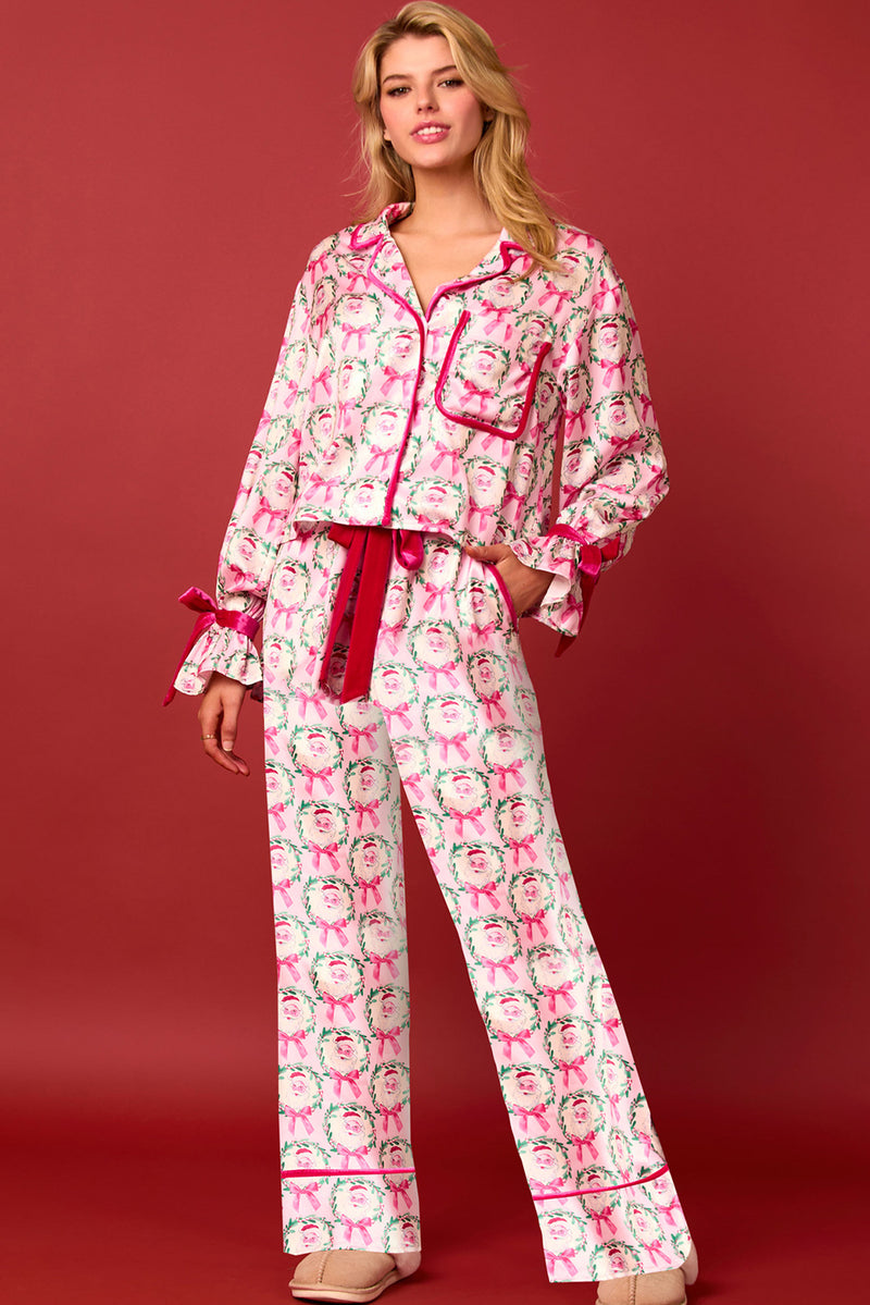 Pink Santa Claus Bow Long Sleeve Lapel Collar Pajama Set