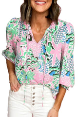 Green Tropical Floral Frill V-Neck Puff Sleeve Blouse