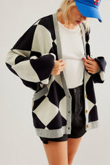 White Stripe Colorblock Drop Shoulder Buttoned Loose Cardigan