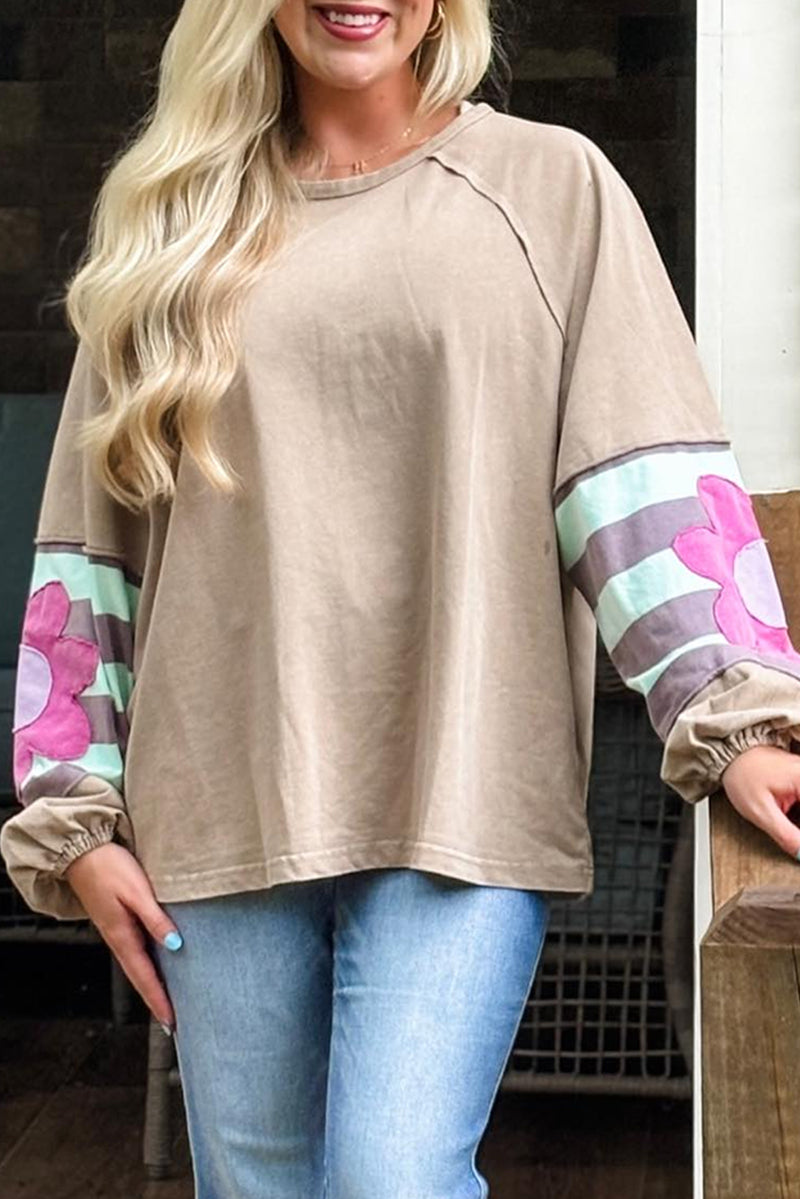 Light French Beige Flower Striped Patchwork Sleeve Plus Size Sweatshirt