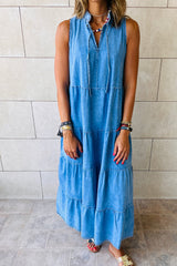 Blue Sleeveless Tiered Chambray Maxi Dress