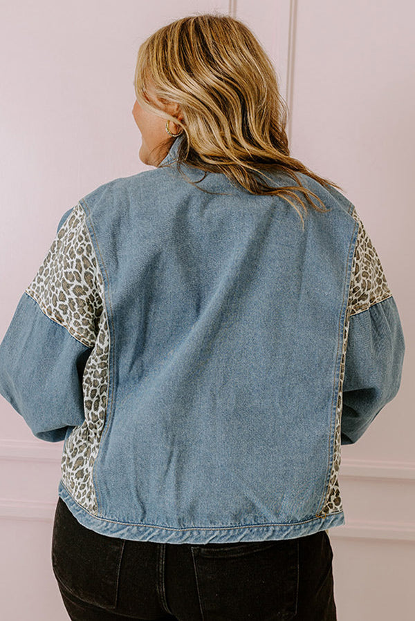 Beau Blue Leopard Patchwork Plus Size Denim Jacket