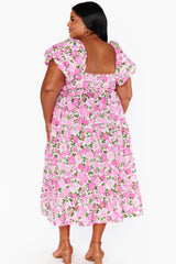 Pink Plus Size Floral Print Smocked Puff Sleeve Maxi Dress
