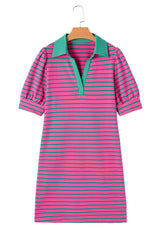 Pink Stripe Collared V Neck Puff Sleeve T Shirt Dress