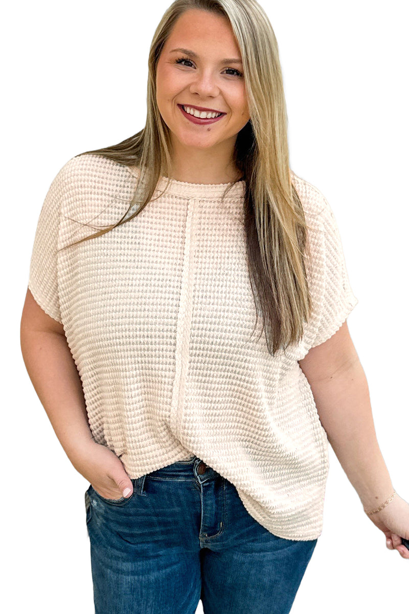 Beige Waffle Exposed Seam Plus Size Short Sleeve Top