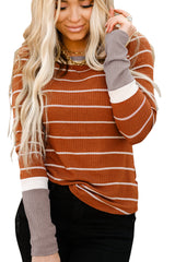 Brown Contrast Spliced Colorblock Cuffed Rib Knit Top