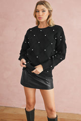 Black Pearl Embellished Rhombus Pattern Sweater