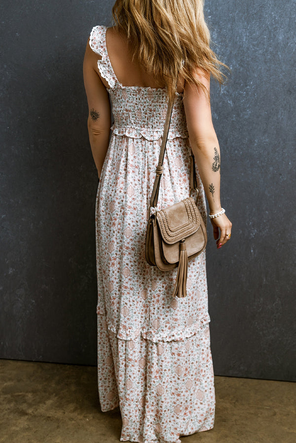 White Floral Print Lace Frilly Straps Shirred Maxi Dress