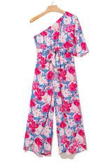 Pink Floral Print Asymmetrical Neckline Single Shoulder Half Sleeve Belted Jumpsuit