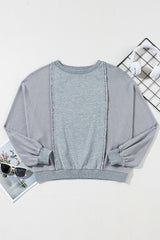 Light Grey Waffle Patchwork Long Sleeve Pullover Top