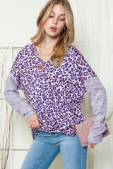 Leopard Print V Neck Drop Shoulder Long Sleeve Top