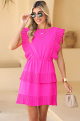 Bright Pink Pleated Layered Ruffle Sleeveless Mini Dress