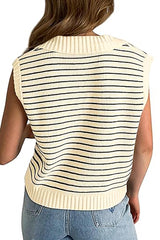 Beige Stripe Turn-down Collar Sleeveless Knitted Top