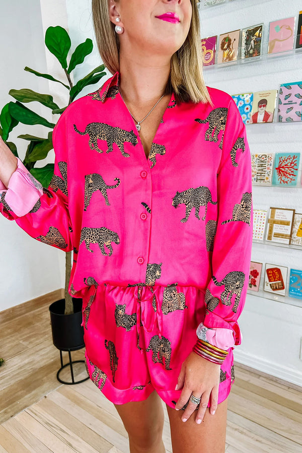 Hot Pink Animal Print Shirt and Drawstring Shorts Set