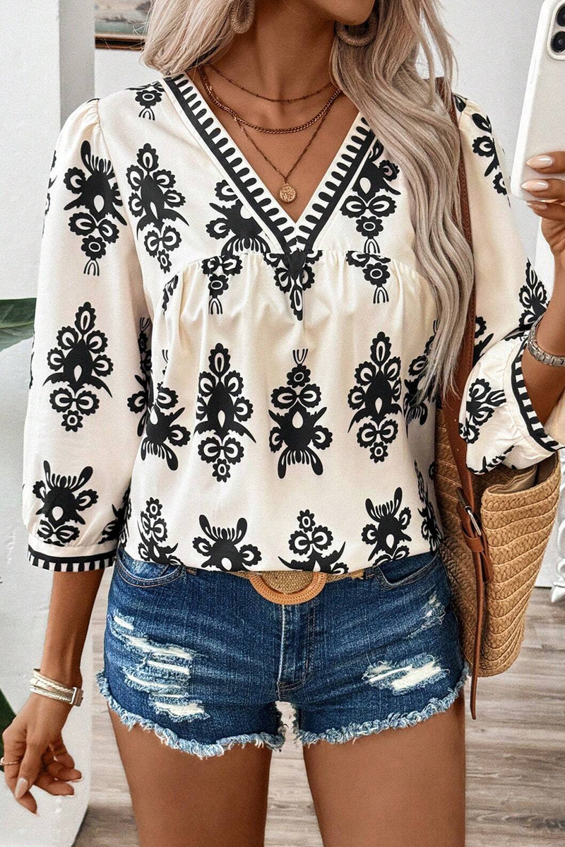 Black Ethnic Abstract Print Puff Sleeve V Neck Blouse