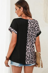 Black Leopard Print Color Block Rolled Up Sleeve Casual T Shirt