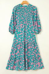 Green Abstract Print Puff Sleeve Smocked V Neck Maxi Dress