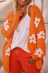 Orange 60s Flower Pattern Drop Shoulder Plus Size Cardigan