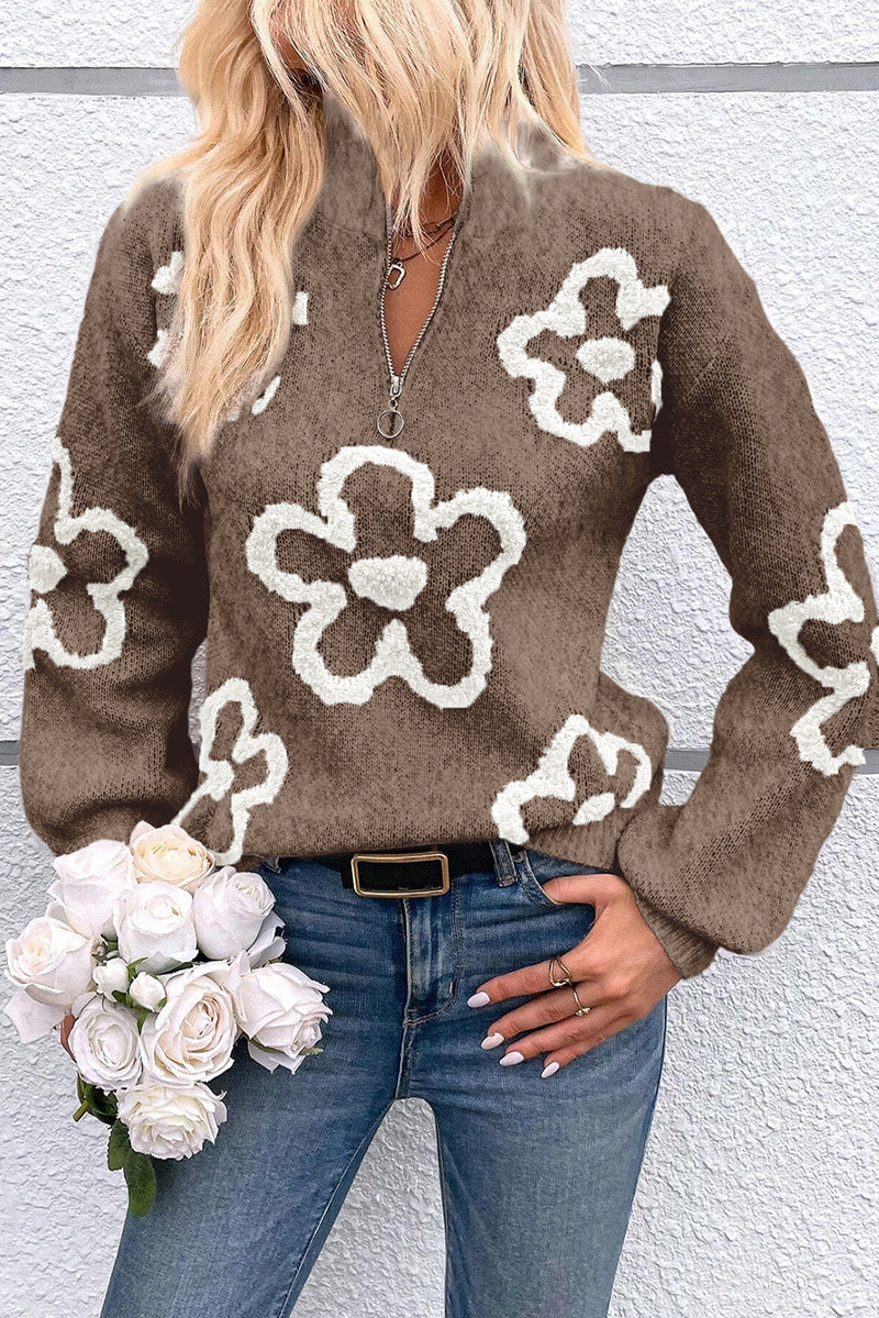 Parchment 60s Flower Half Zipper Stand Neck Sweater