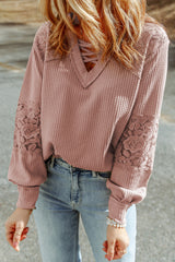 Apricot Lace and Waffle Knit Crisscross Straps V Neck Long Sleeve Top