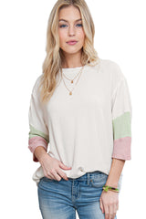 White Ribbed Colorblock Drop Sleeve Top