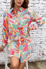 Multicolor Abstract Print Long Sleeve Shirt Dress