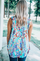 Rosy Boho Abstract Print Ruffle Babydoll Sleeveless Shirt